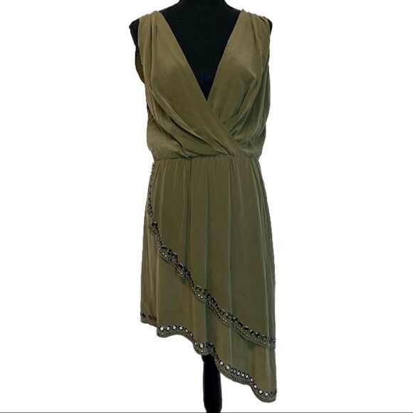 Haute Hippie asymmetrical Military green grommets silk dress Sz M - Picture 3 of 13